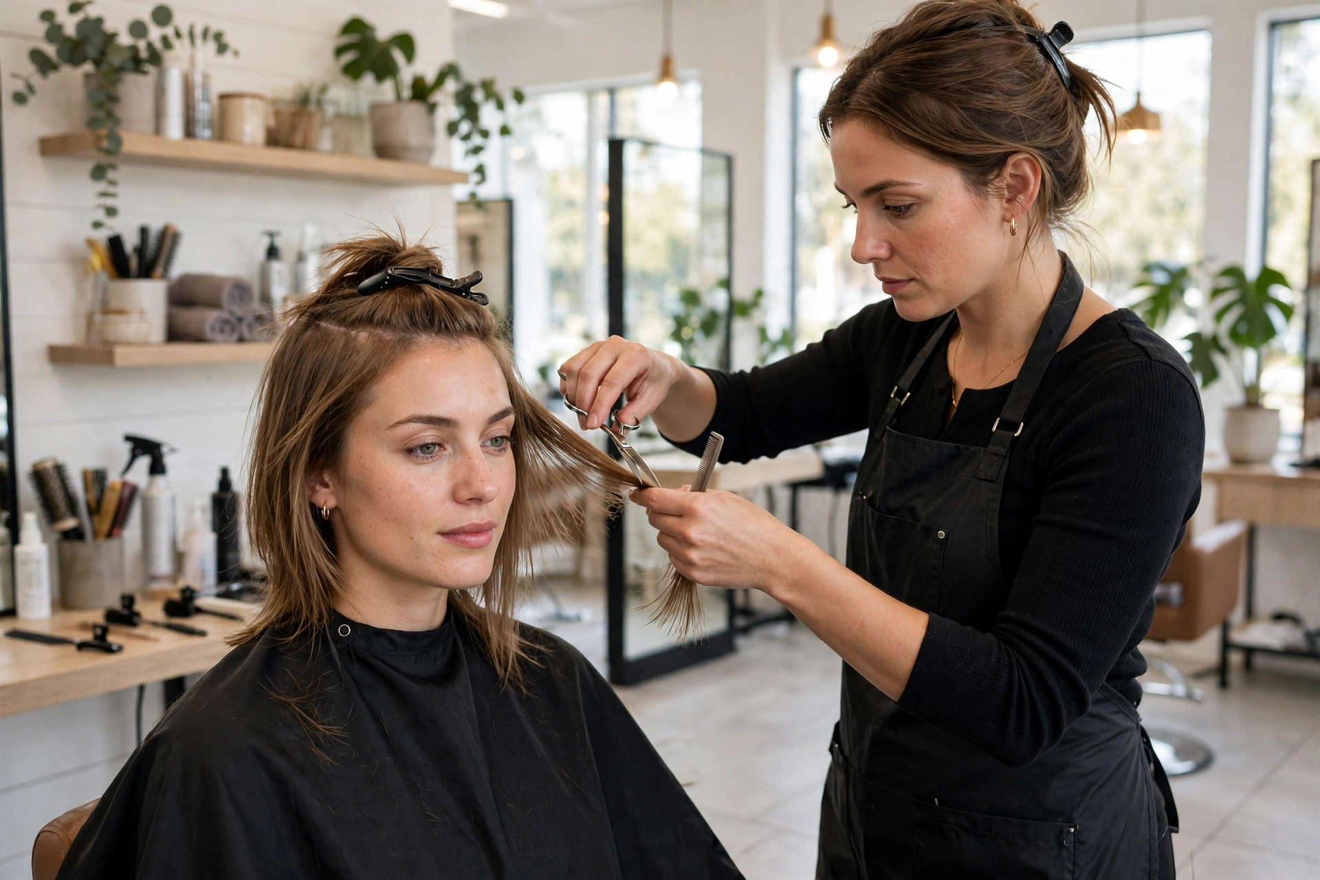Stylist cutting layers into fine hair in a salon.