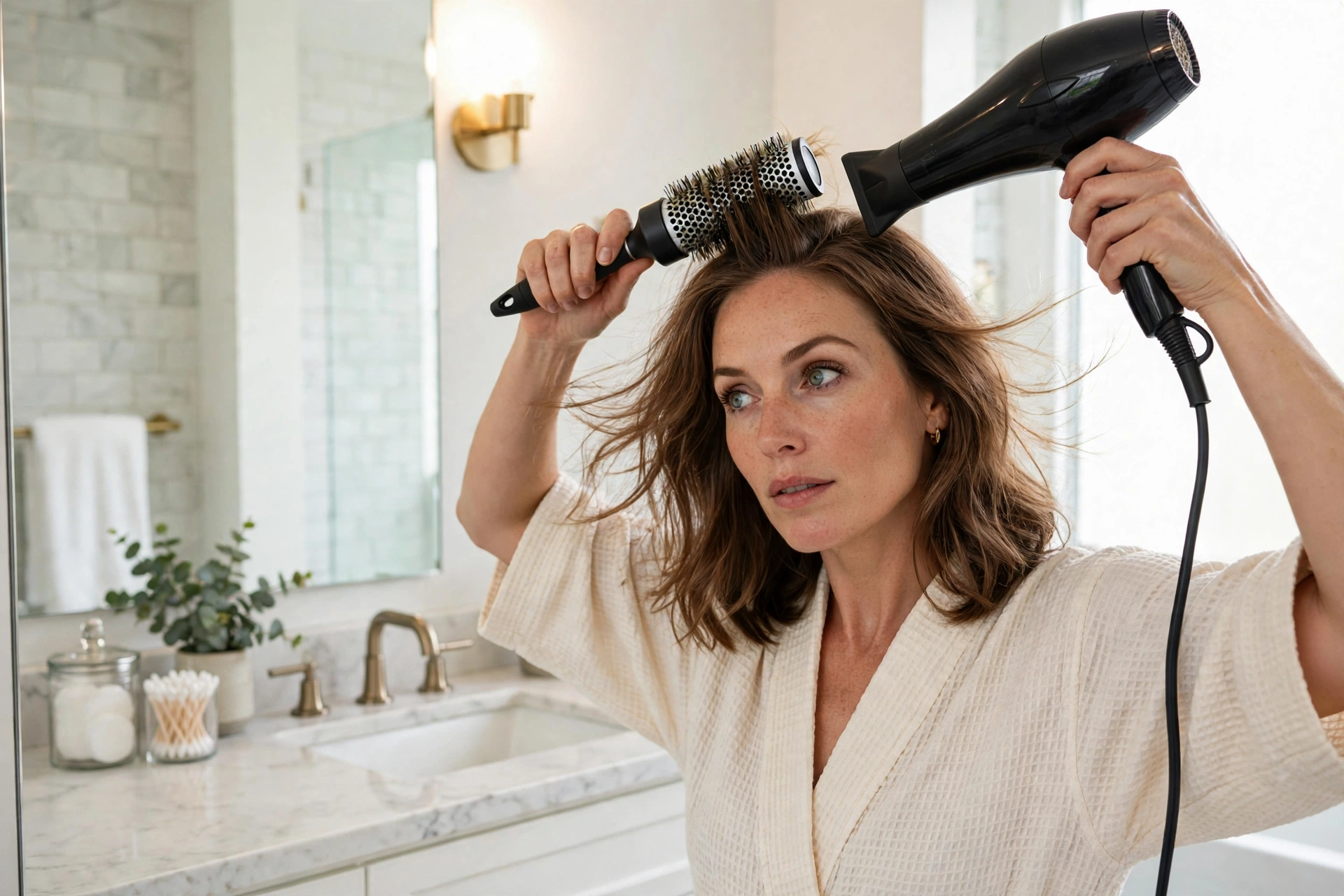 Woman blow-drying her hair with a round brush for volume.