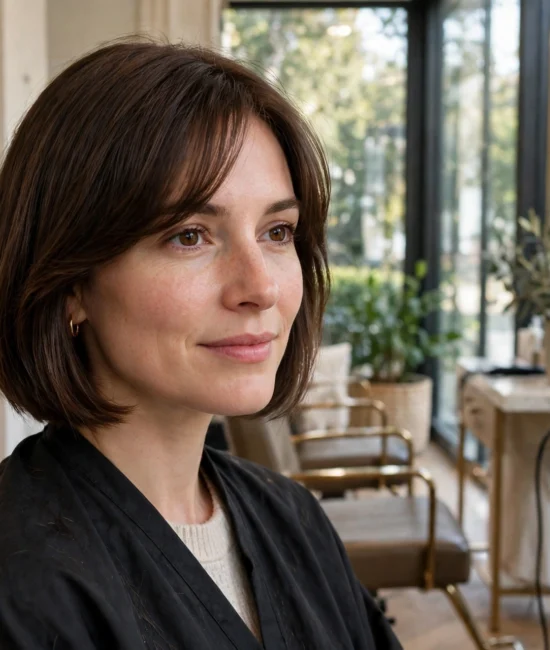 Woman with a chin-length bob and soft side-swept bangs