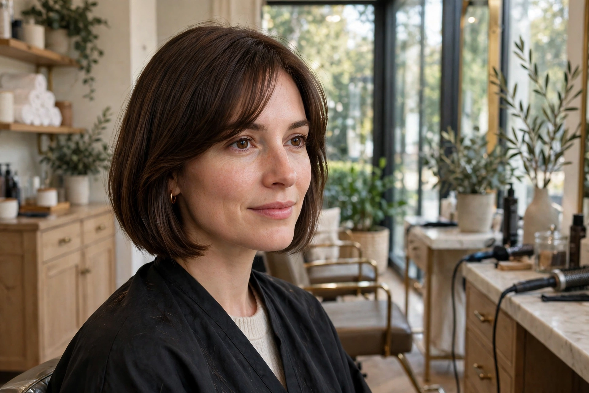 Woman with a chin-length bob and soft side-swept bangs