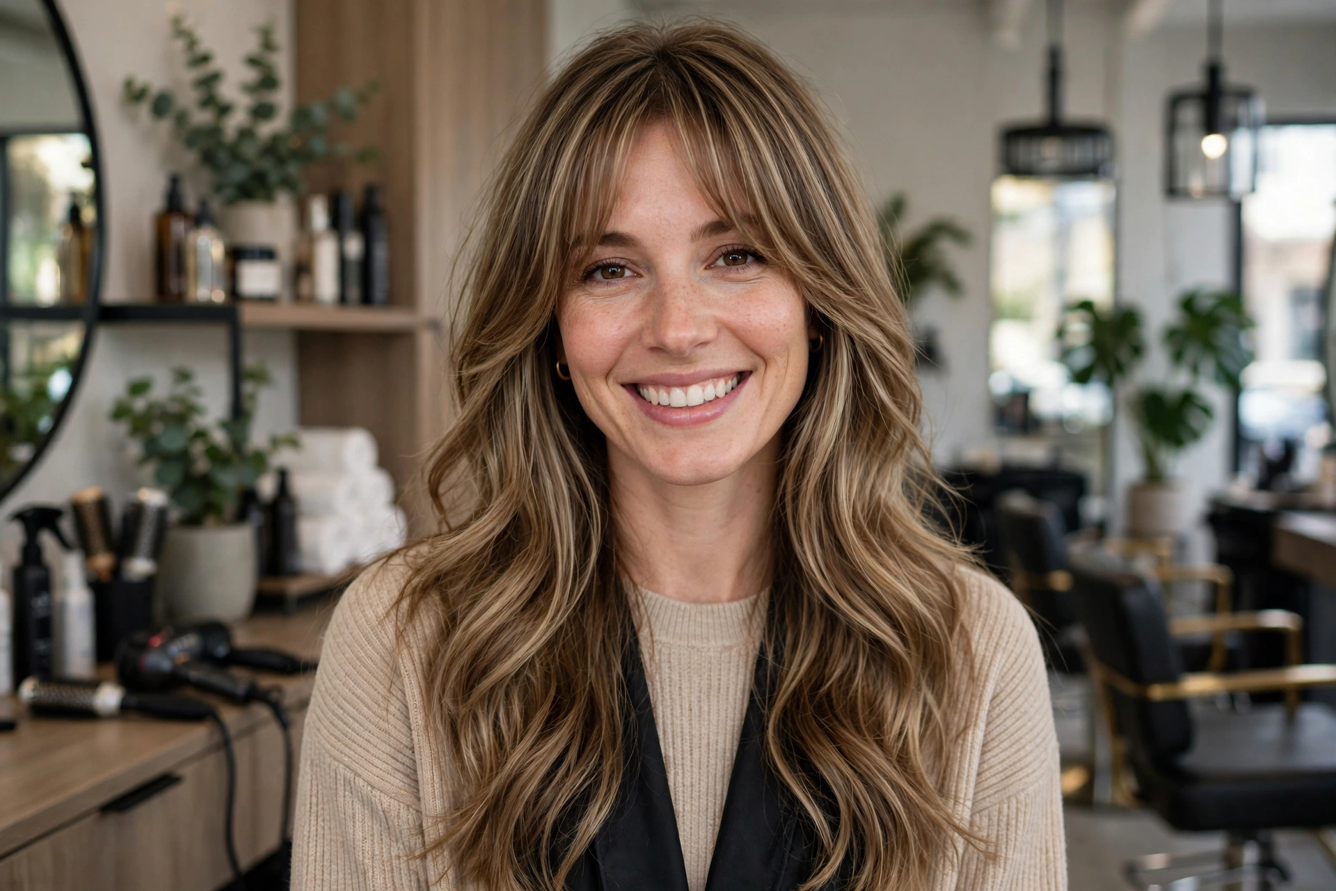 Long layers with curtain bangs and soft waves for a heart-shaped face