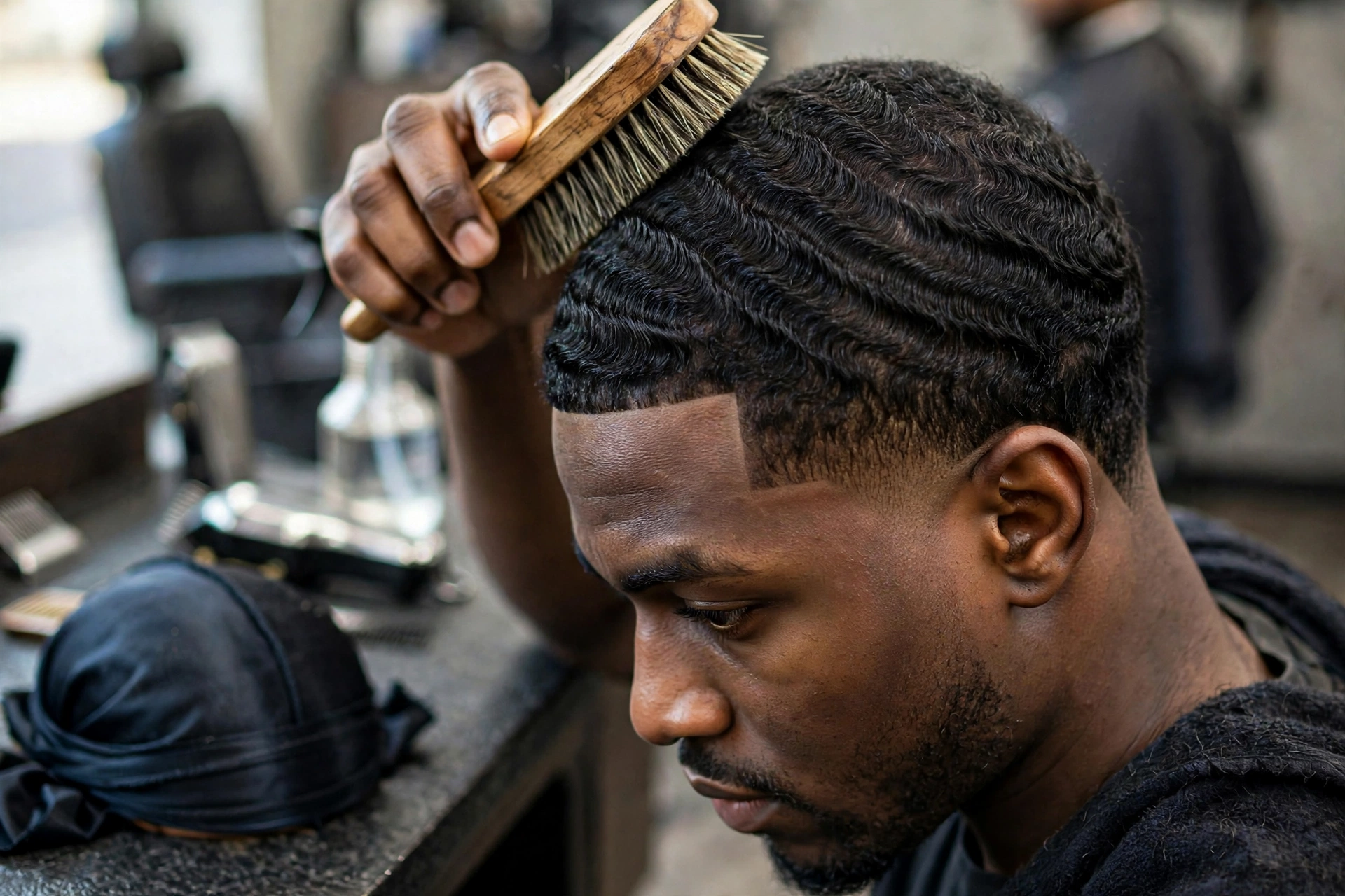 Man brushing 360 waves with a wave brush