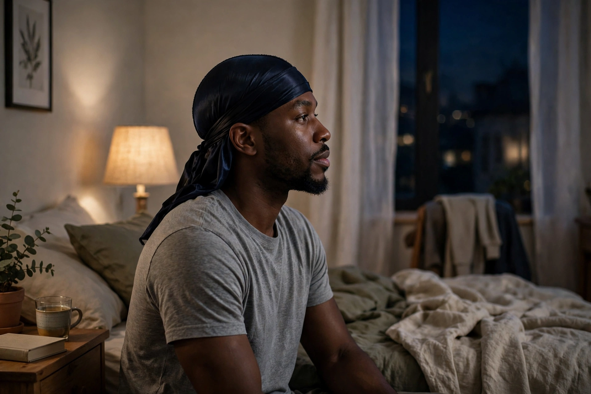 Man wearing a durag at night to protect 360 waves