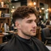 Man with wavy hair and low taper fade in a barbershop