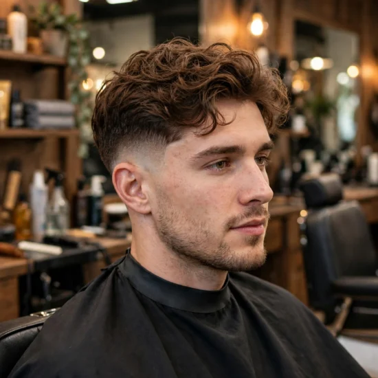 Man with wavy hair and low taper fade in a barbershop