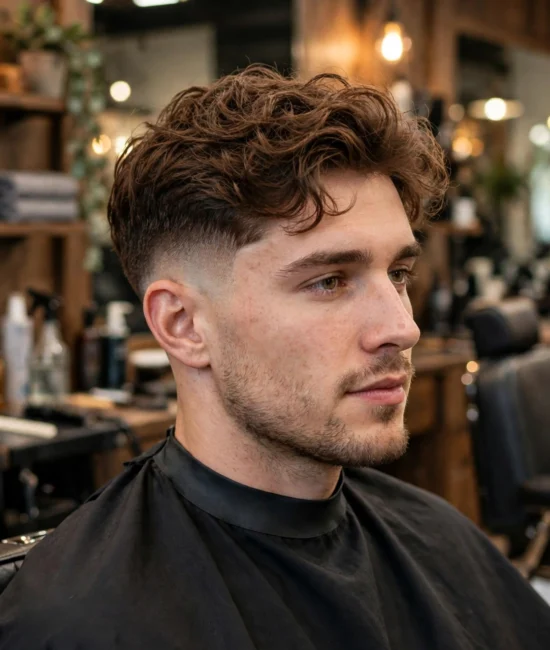 Man with wavy hair and low taper fade in a barbershop