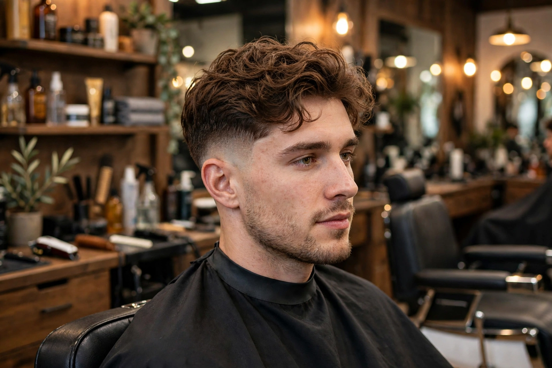 Man with wavy hair and low taper fade in a barbershop