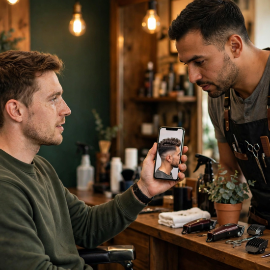 Young man in a barber chair looking at the side of his head in a mirror with a concerned expression