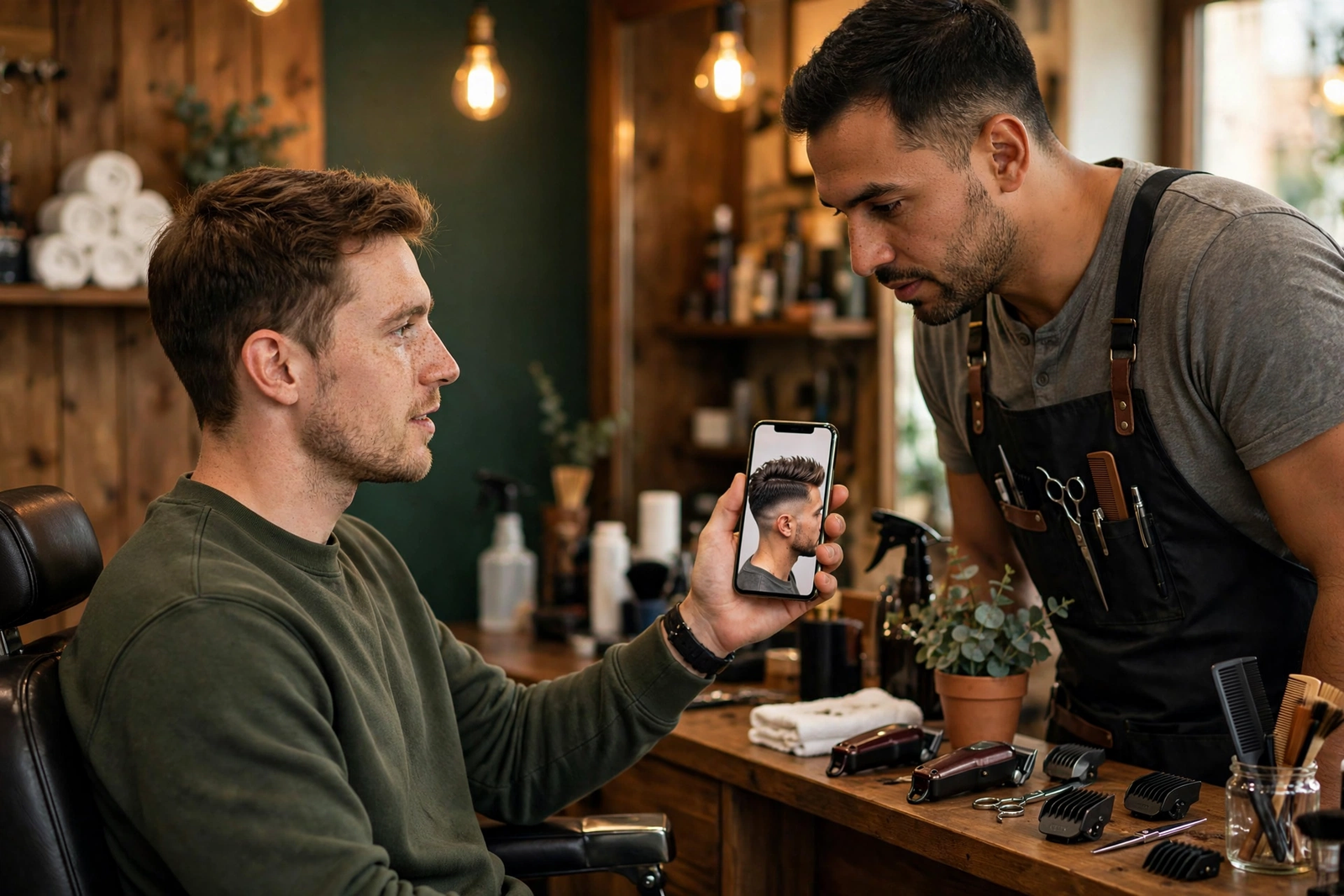 Young man in a barber chair looking at the side of his head in a mirror with a concerned expression