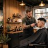 Barber cutting a fade in a modern American barbershop