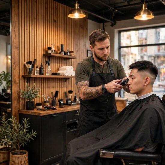 Barber cutting a fade in a modern American barbershop