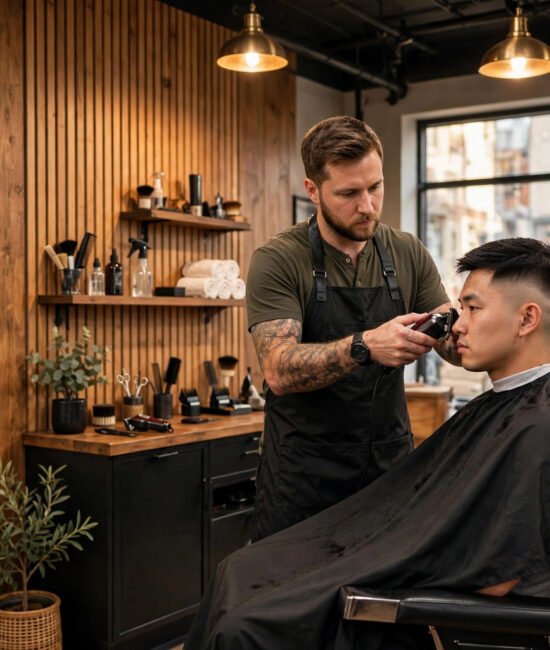 Barber cutting a fade in a modern American barbershop