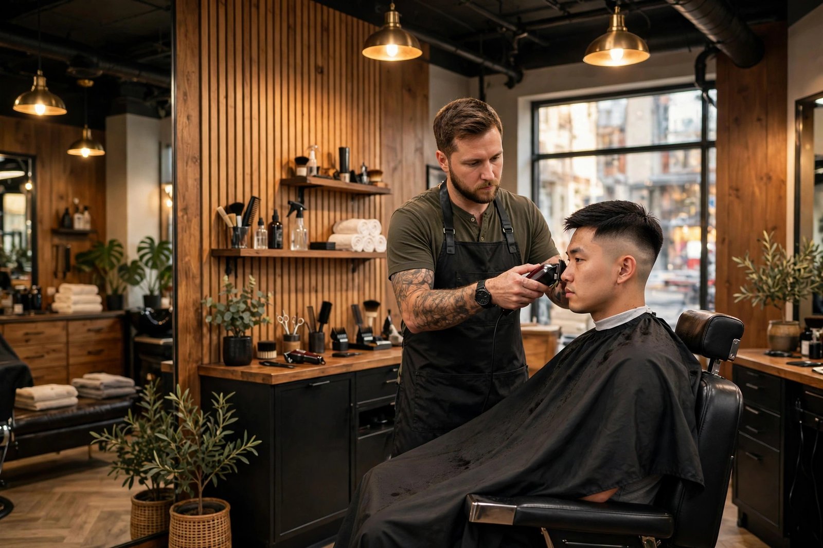 Barber cutting a fade in a modern American barbershop