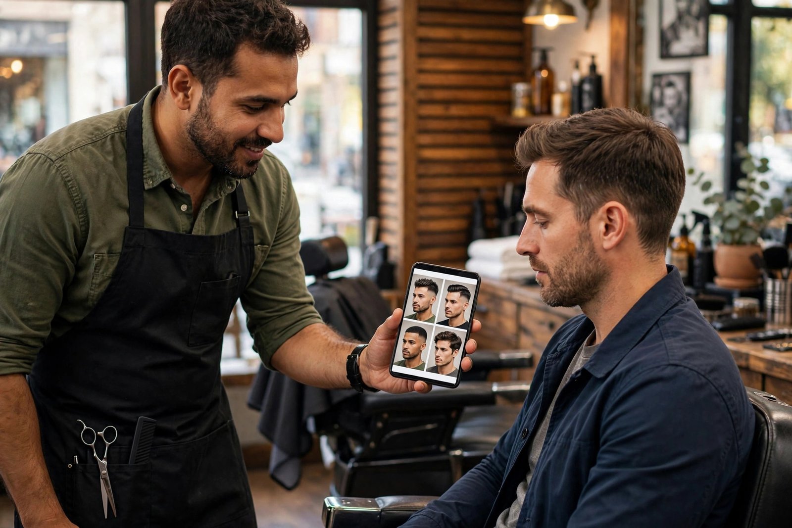Barber showing haircut reference photos to a client during a consultation