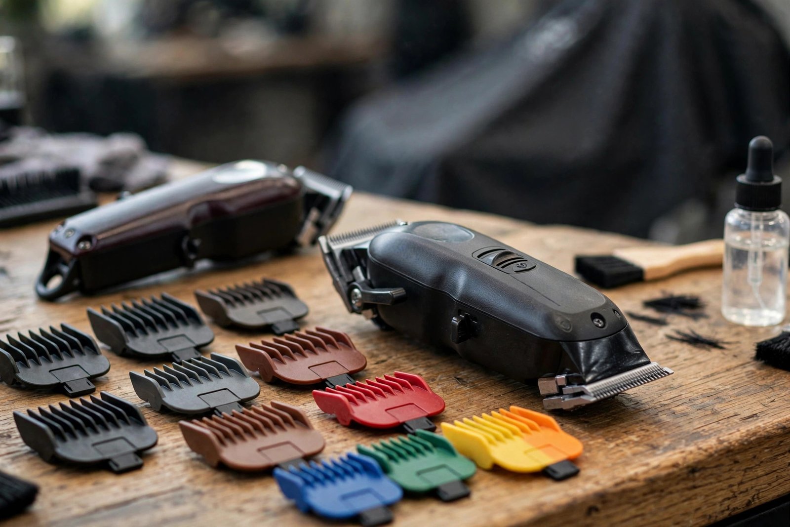 Professional barber clippers and guards on a barbershop counter