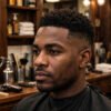 Man with short coily hair and a clean low taper fade in a barbershop