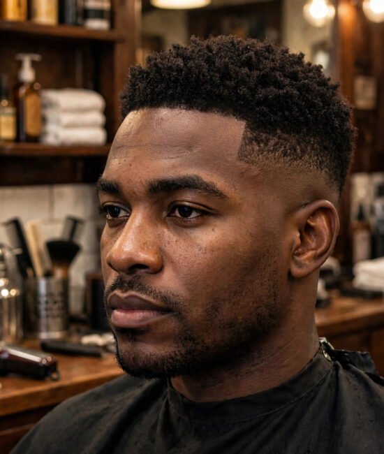 Man with short coily hair and a clean low taper fade in a barbershop