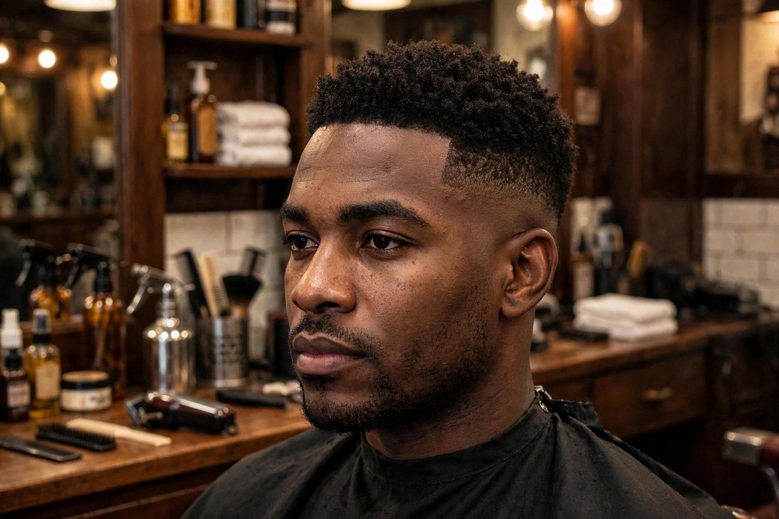 Man with short coily hair and a clean low taper fade in a barbershop