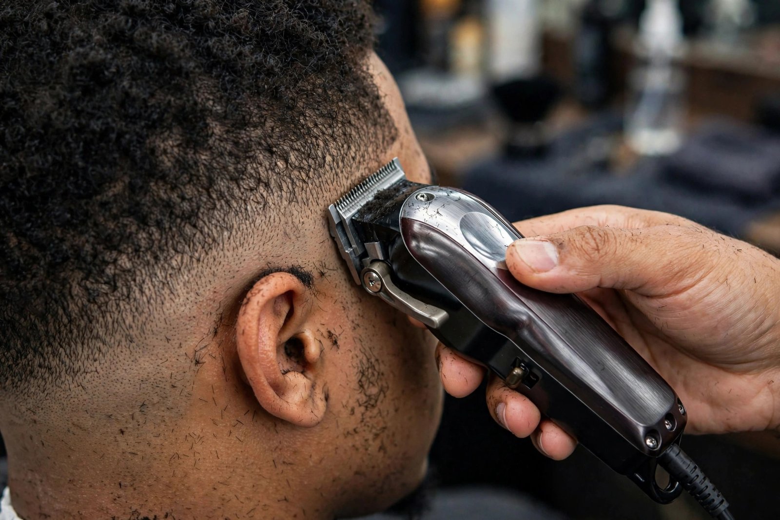Barber clippers blending a low taper fade on coily hair