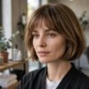 Woman with a chin-length French bob and soft textured bangs