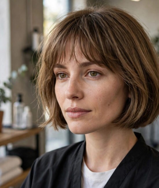 Woman with a chin-length French bob and soft textured bangs