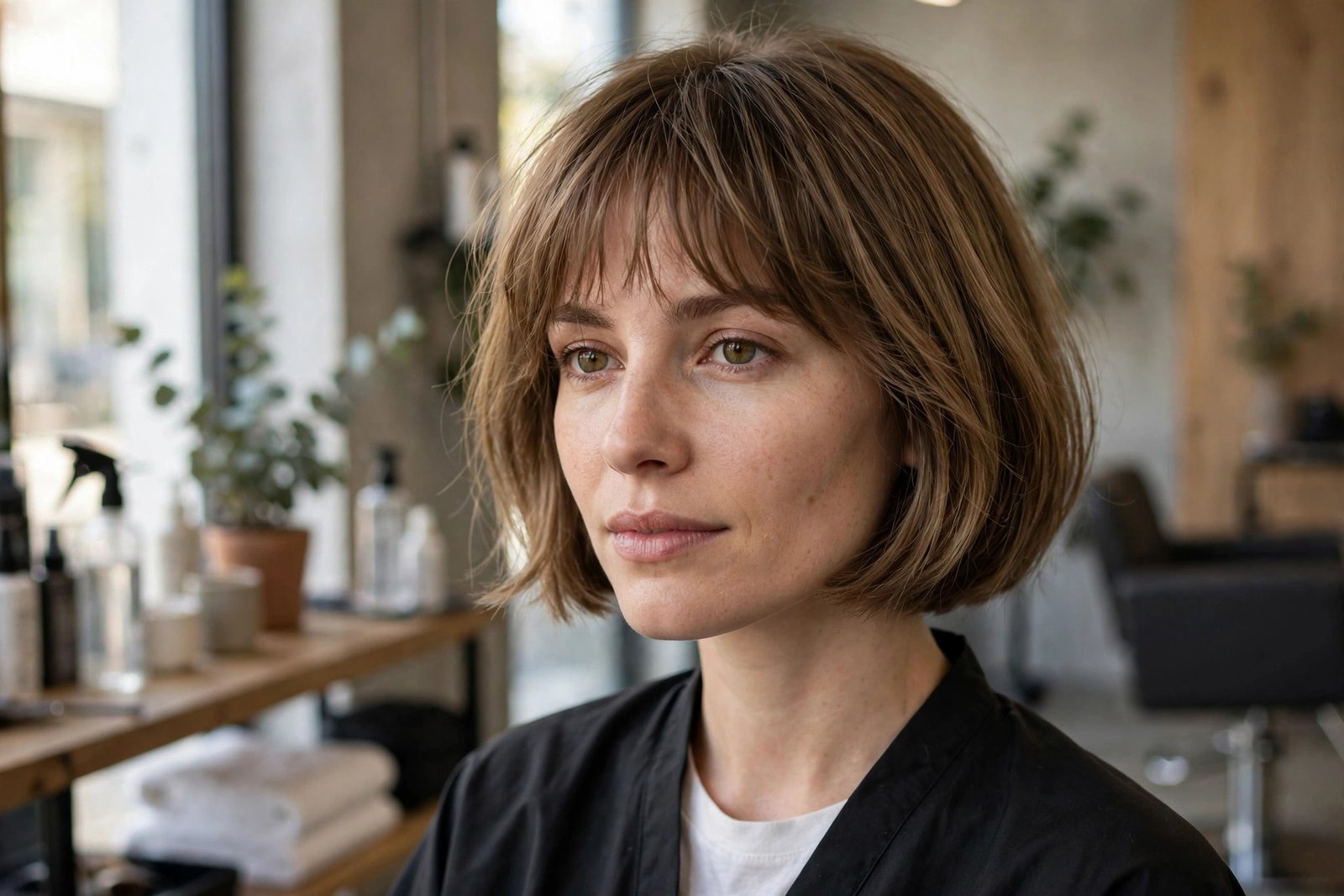 Woman with a chin-length French bob and soft textured bangs