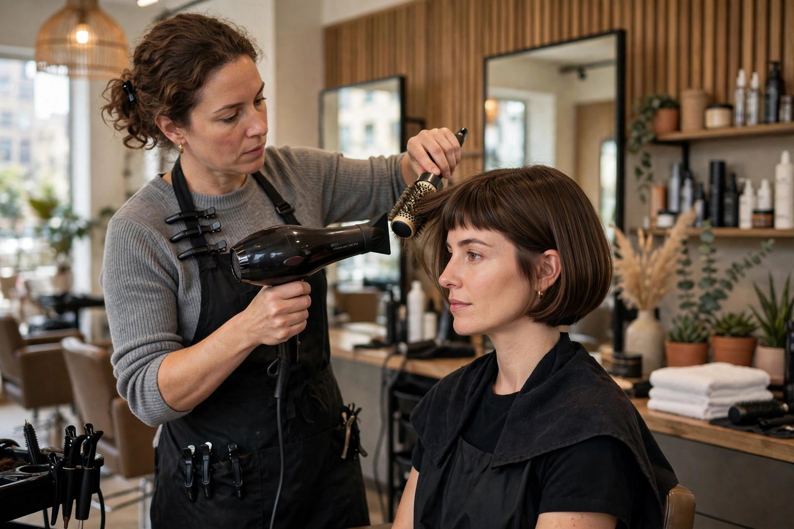 Hairstylist blow-drying a French bob in a salon