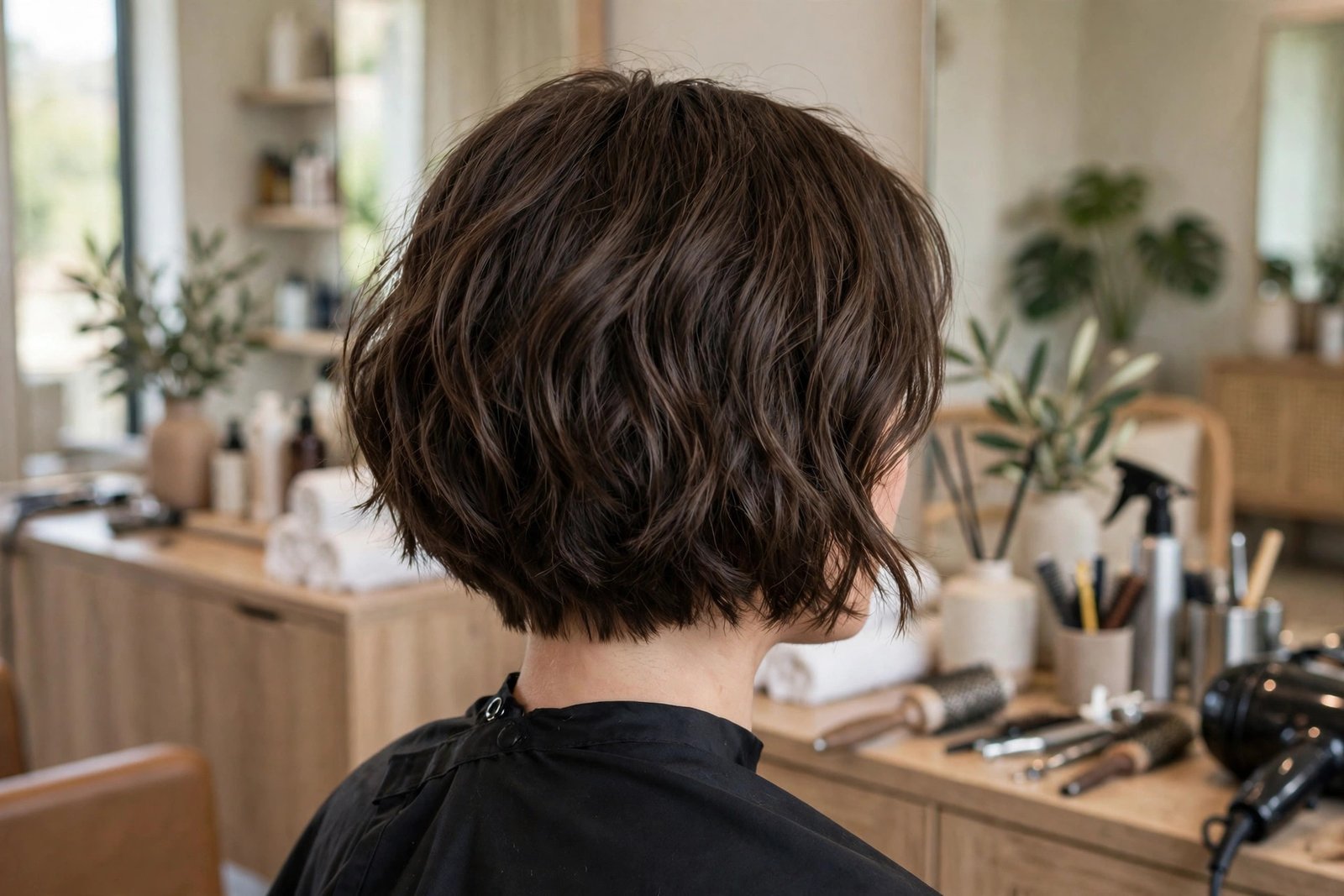 Back view of a textured French bob haircut