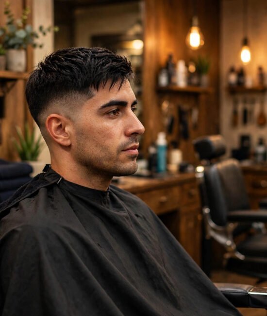 Man with a low taper fade and textured crop on straight hair