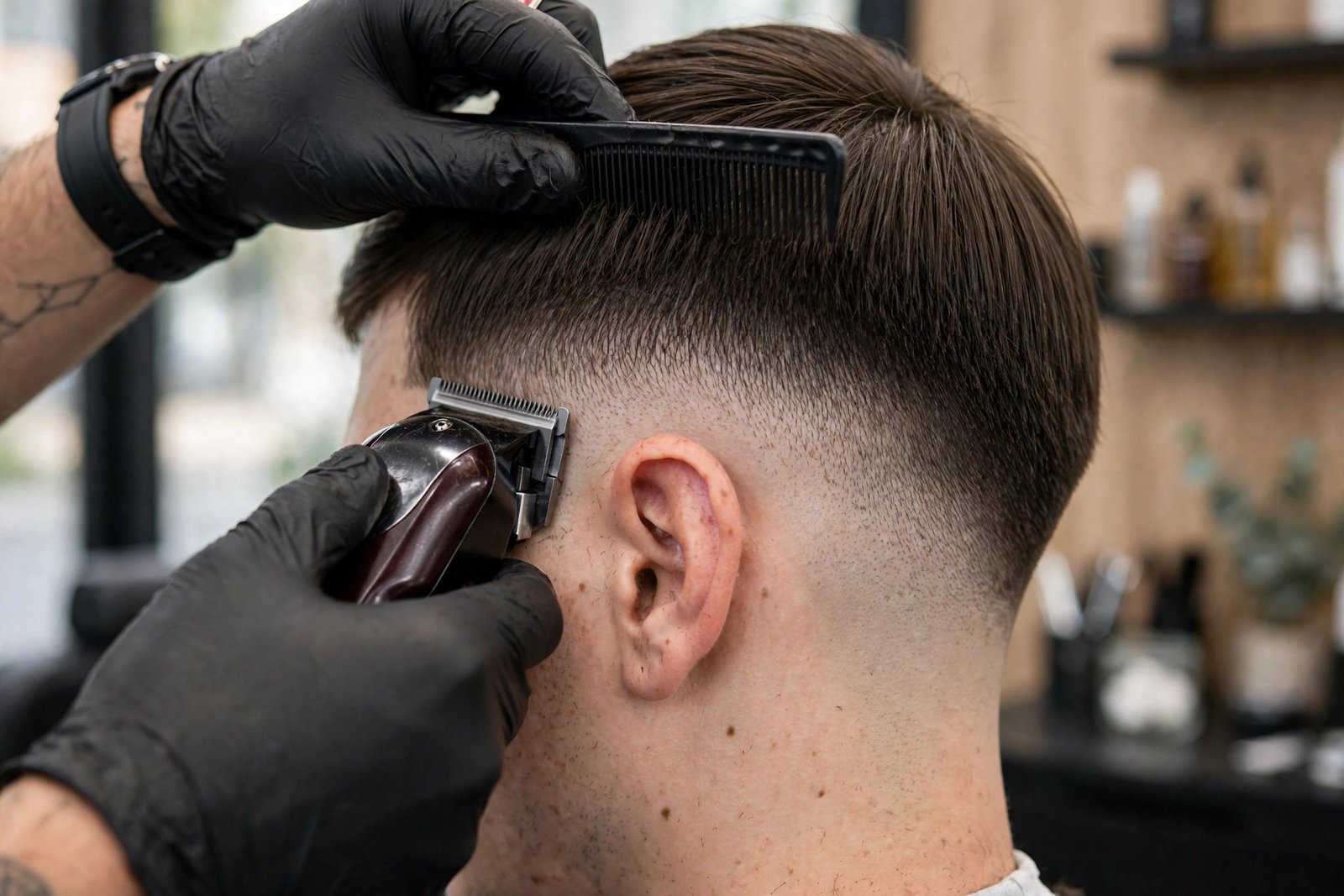 Barber blending a low taper fade on straight hair with clippers