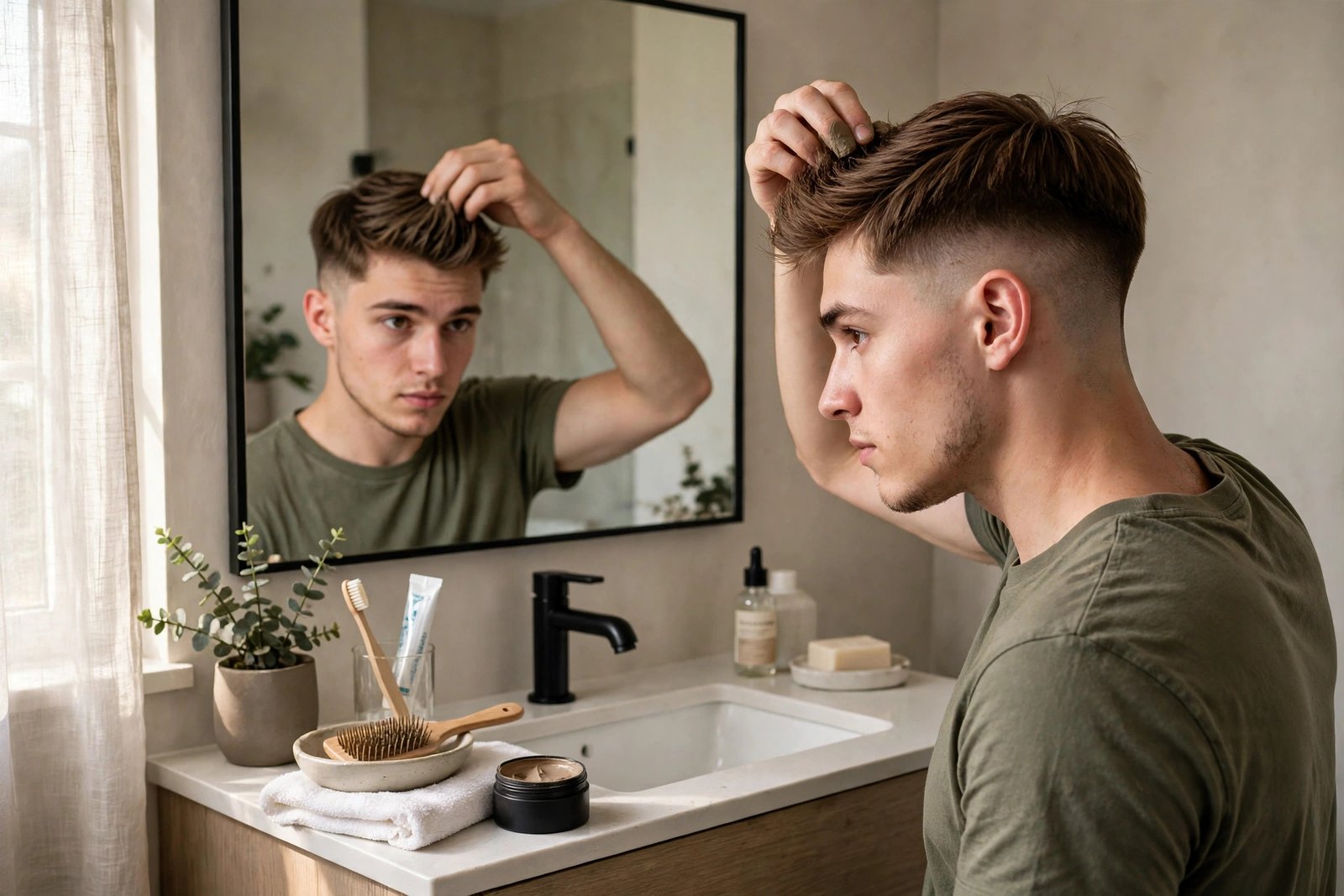 Man styling his straight low taper fade with matte clay at home